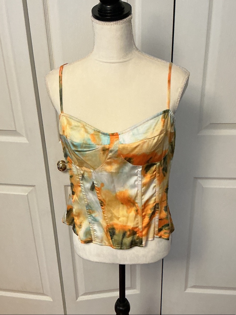 PrettyLittleThing Orange and Blue Tie-Dye Satin Bustier Cami